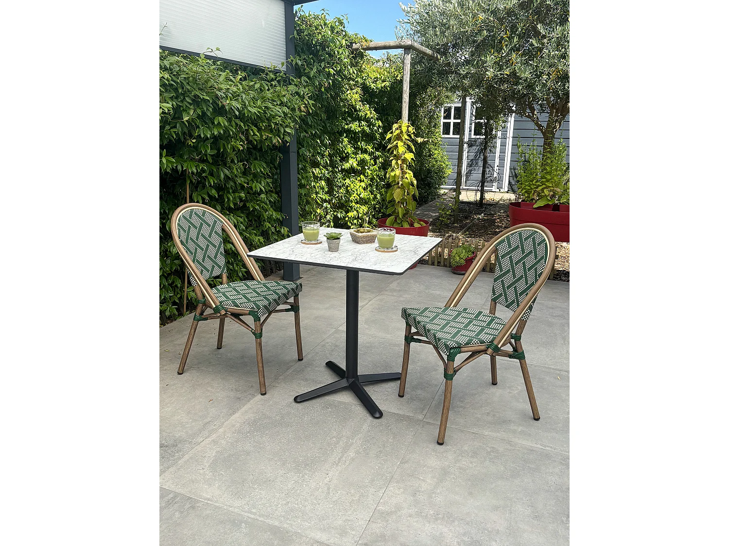 Set da pranzo da giardino a 2 posti in acciaio con piano in HPL