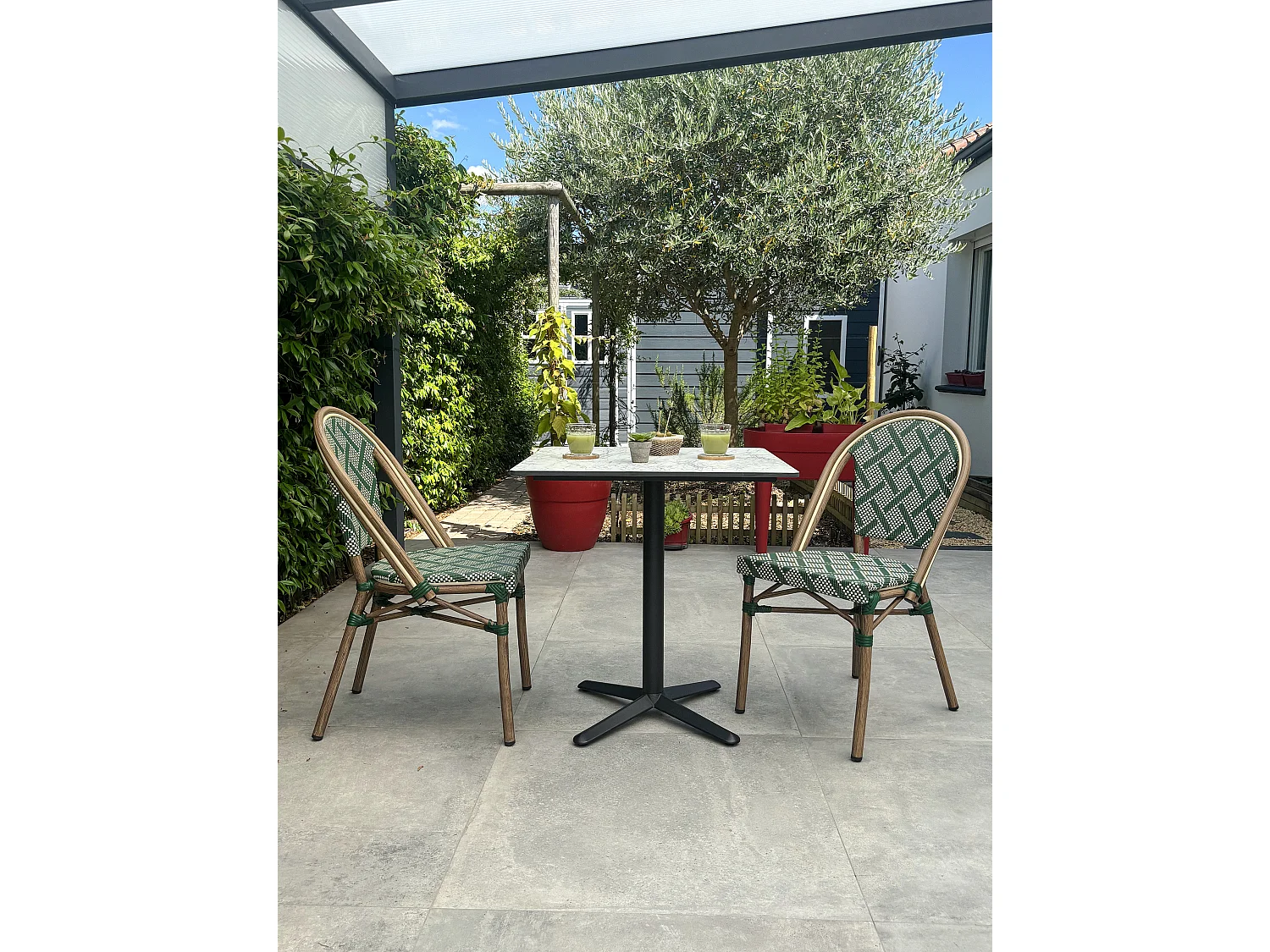 Set da pranzo da giardino a 2 posti in acciaio con piano in HPL