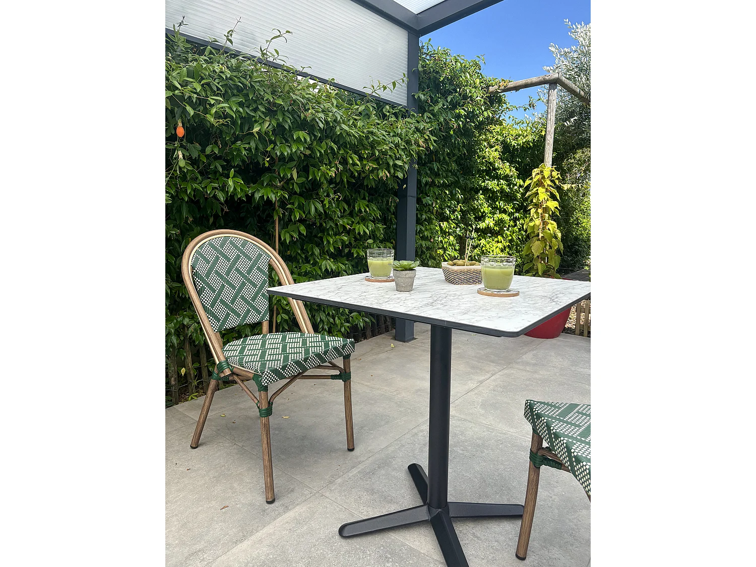 Set da pranzo da giardino a 2 posti in acciaio con piano in HPL