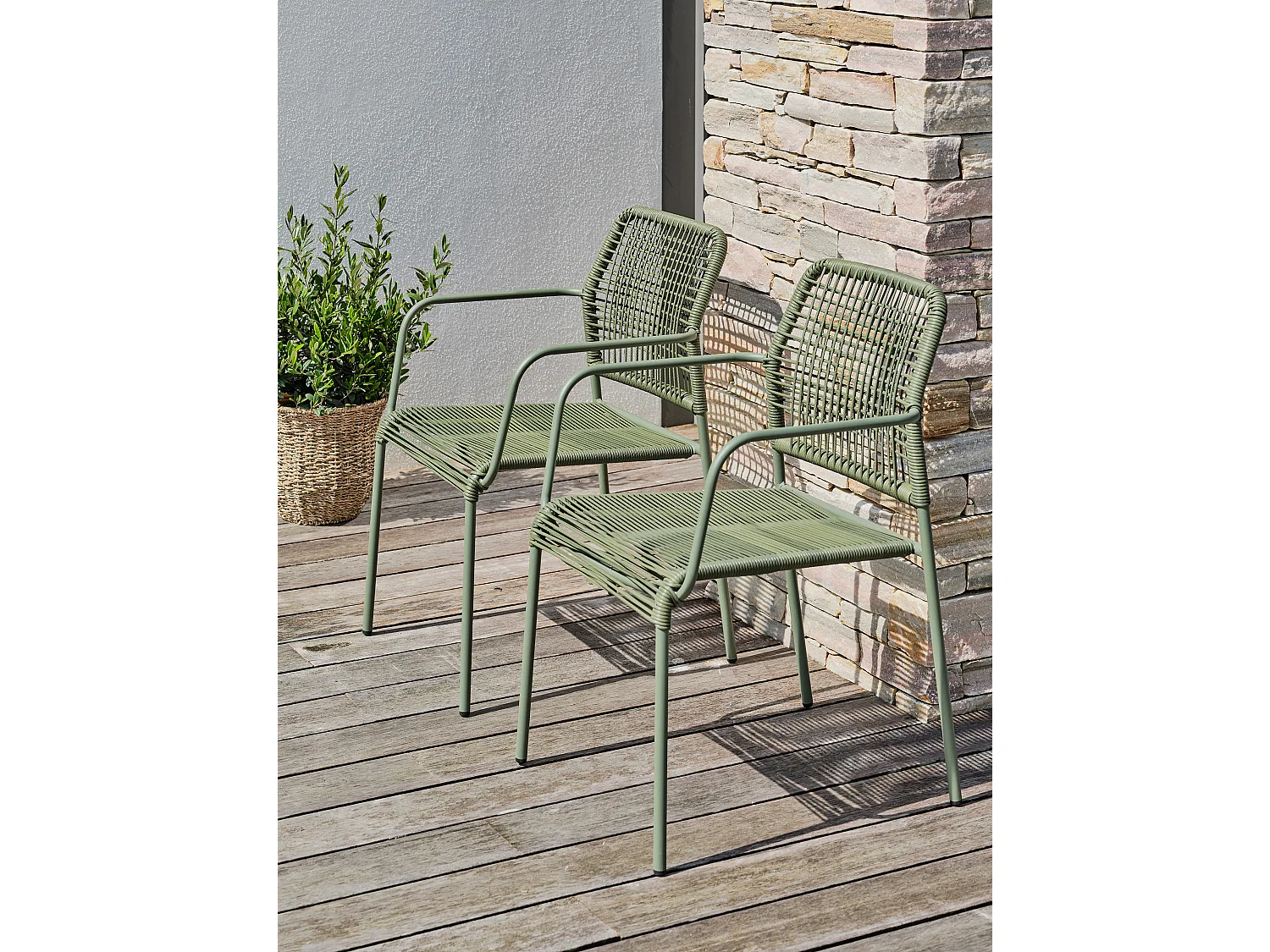 Set aus 2 Gartensesseln aus olivgrünem Seil und Stahl