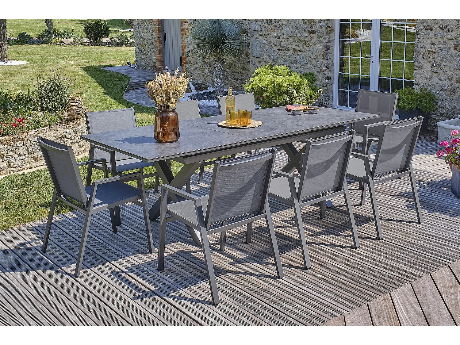 Ensemble repas de jardin 8 pl plateau céramique sur verre - FLORIDE