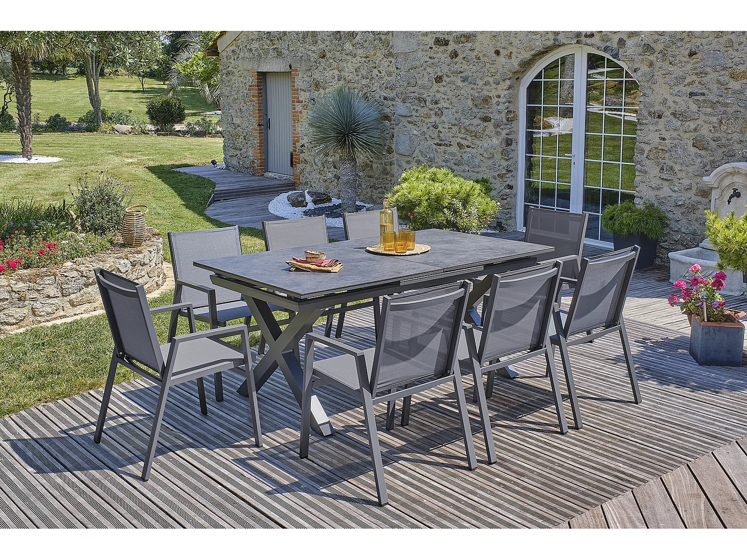 Ensemble repas de jardin 8 pl plateau céramique sur verre - FLORIDE