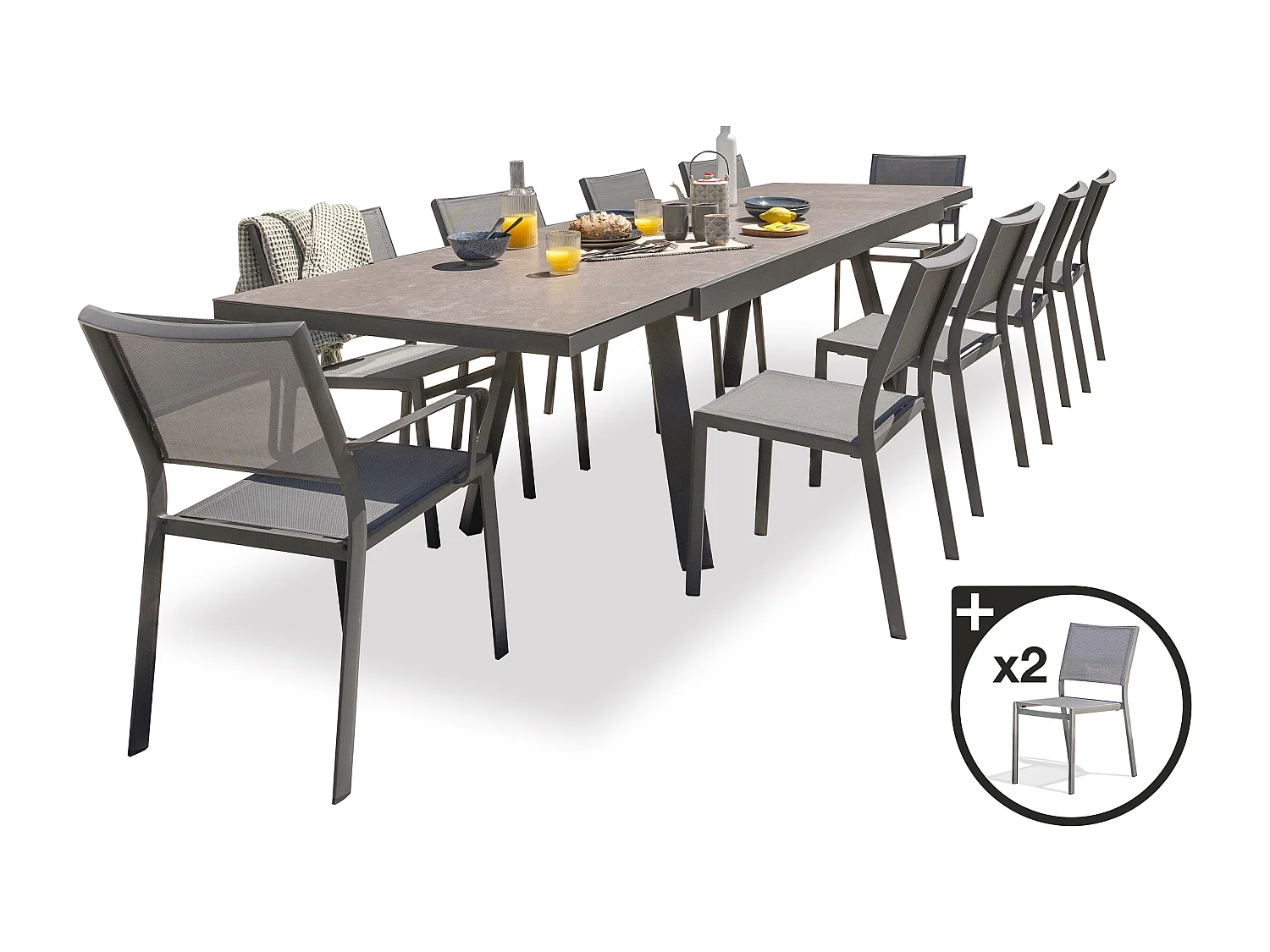 Ensemble repas de jardin 12 places en céramique sur verre