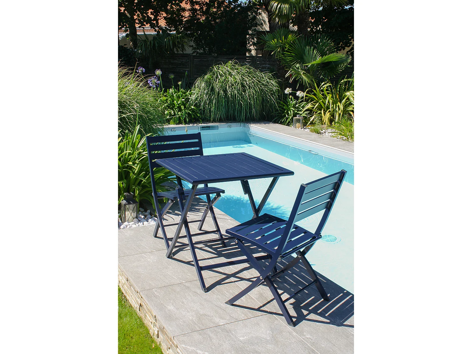 Ensemble repas de jardin 2 places en aluminium bleu marine