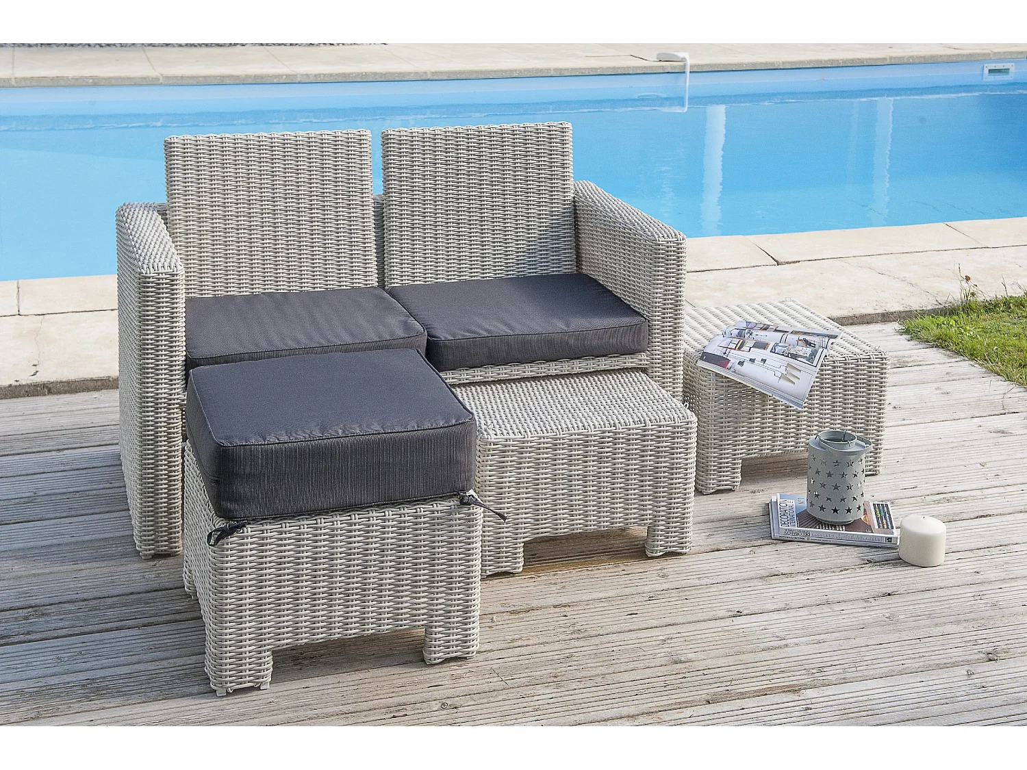 Ensemble repas de jardin encastrable 8 places en résine tressée crème