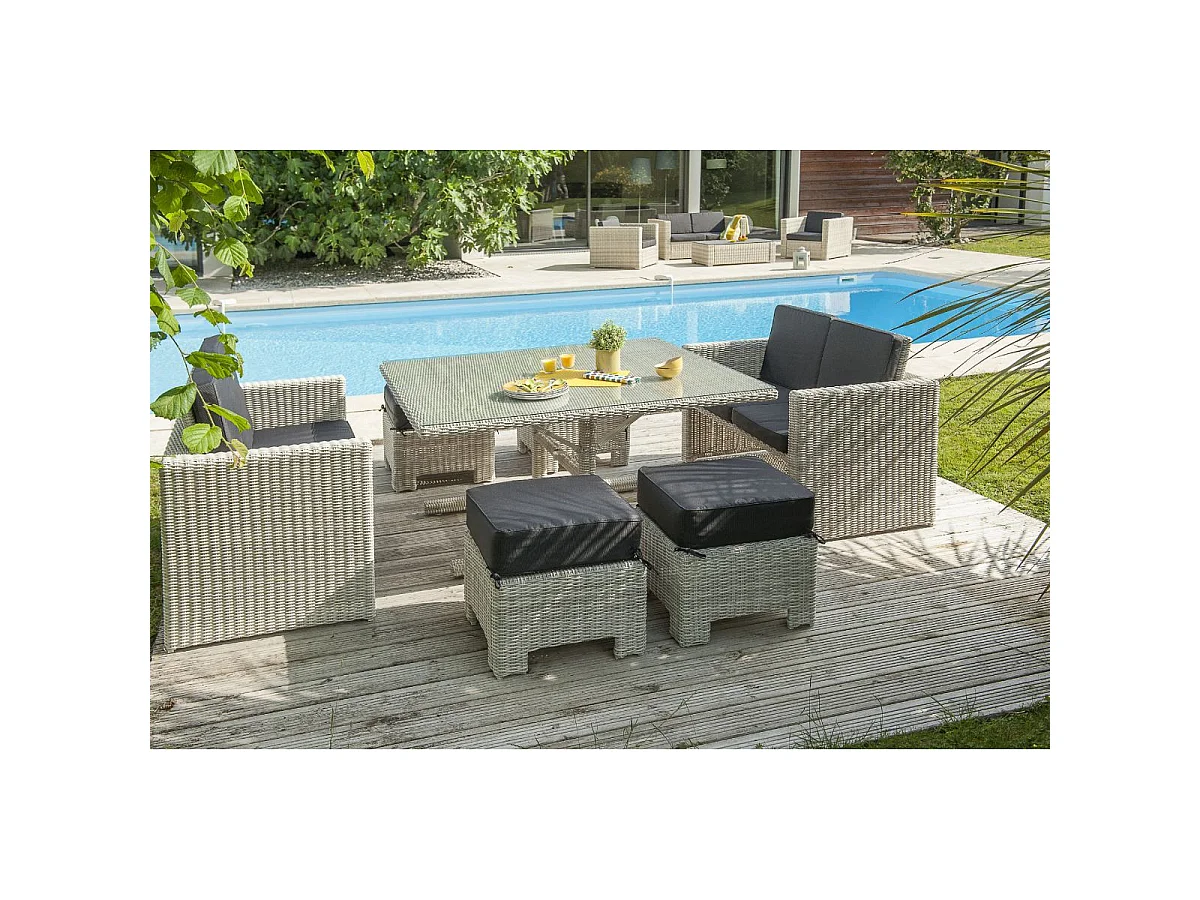 Conjunto de jantar de jardim empilhável para 8 pessoas em resina de vime creme