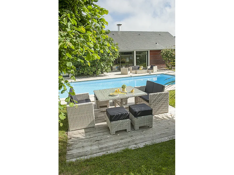 Ensemble repas de jardin encastrable 8 places en résine tressée crème