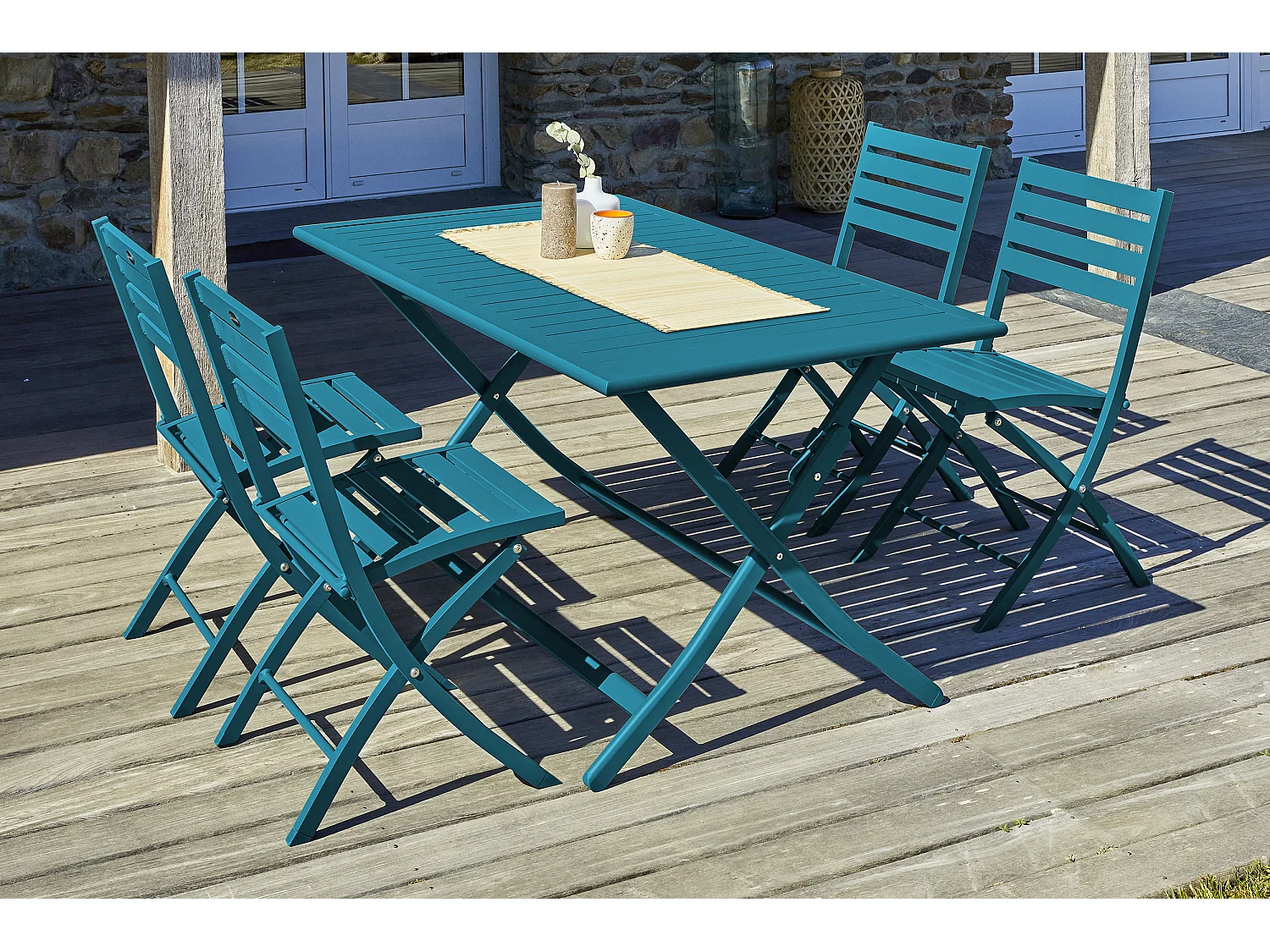 Ensemble repas de jardin 4 places en aluminium bleu canard