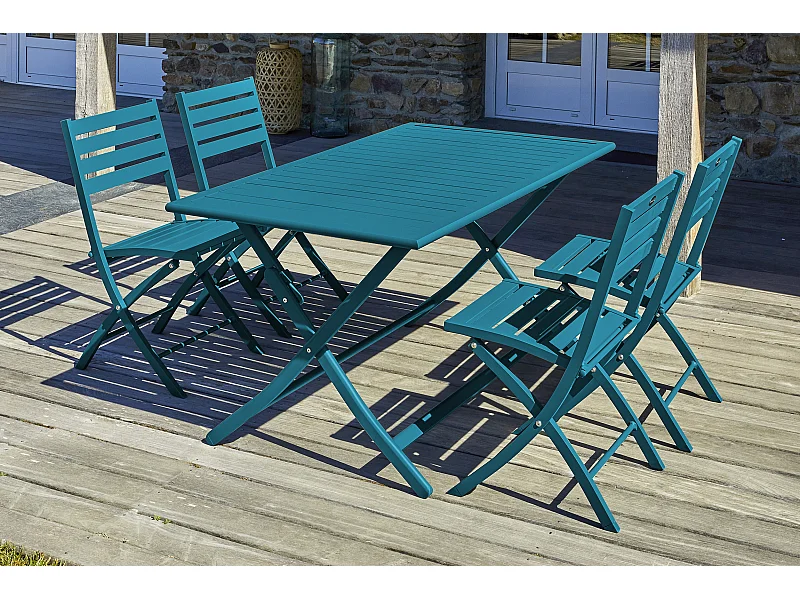 Ensemble repas de jardin 4 places en aluminium bleu canard