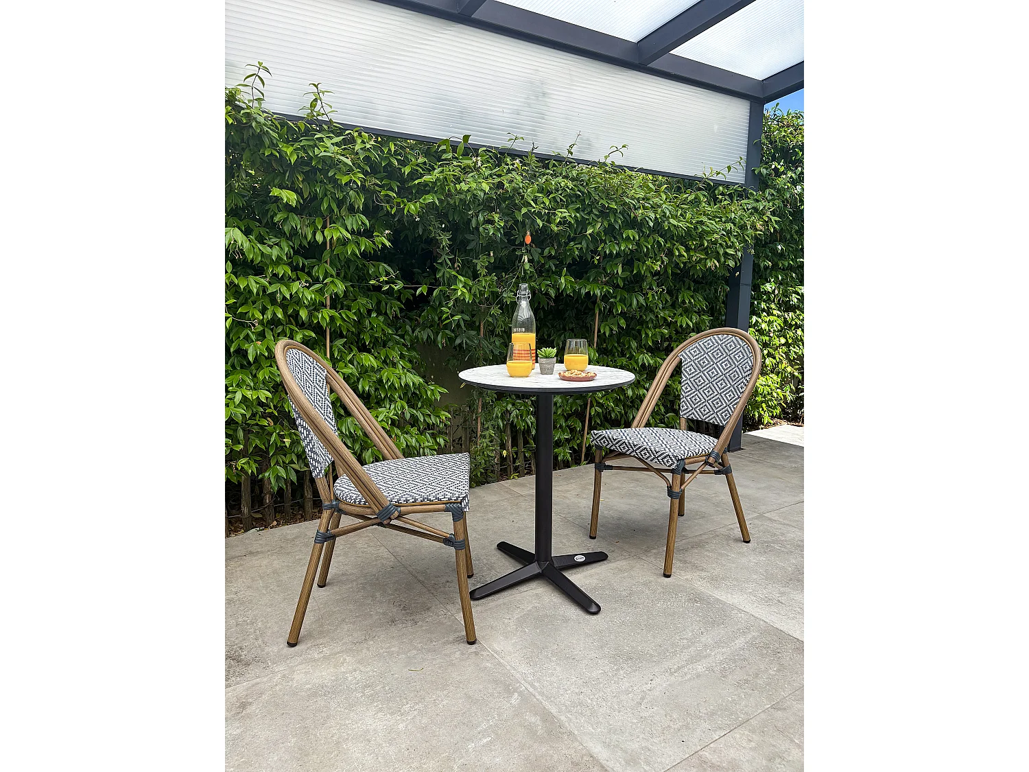 Set da pranzo da giardino a 2 posti in acciaio con piano in HPL