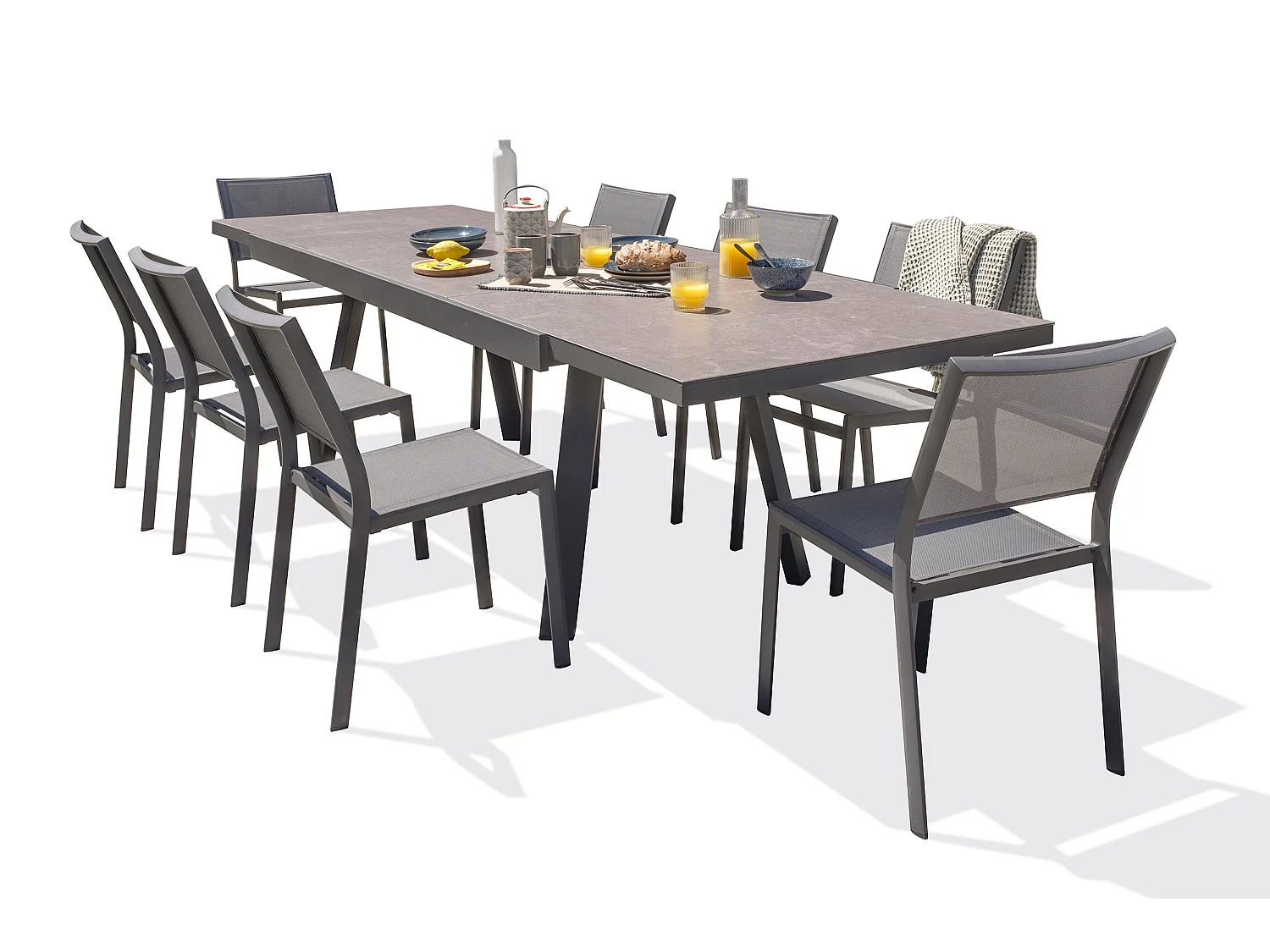 8-Sitzer-Garten-Essgruppe aus Keramik auf Glas