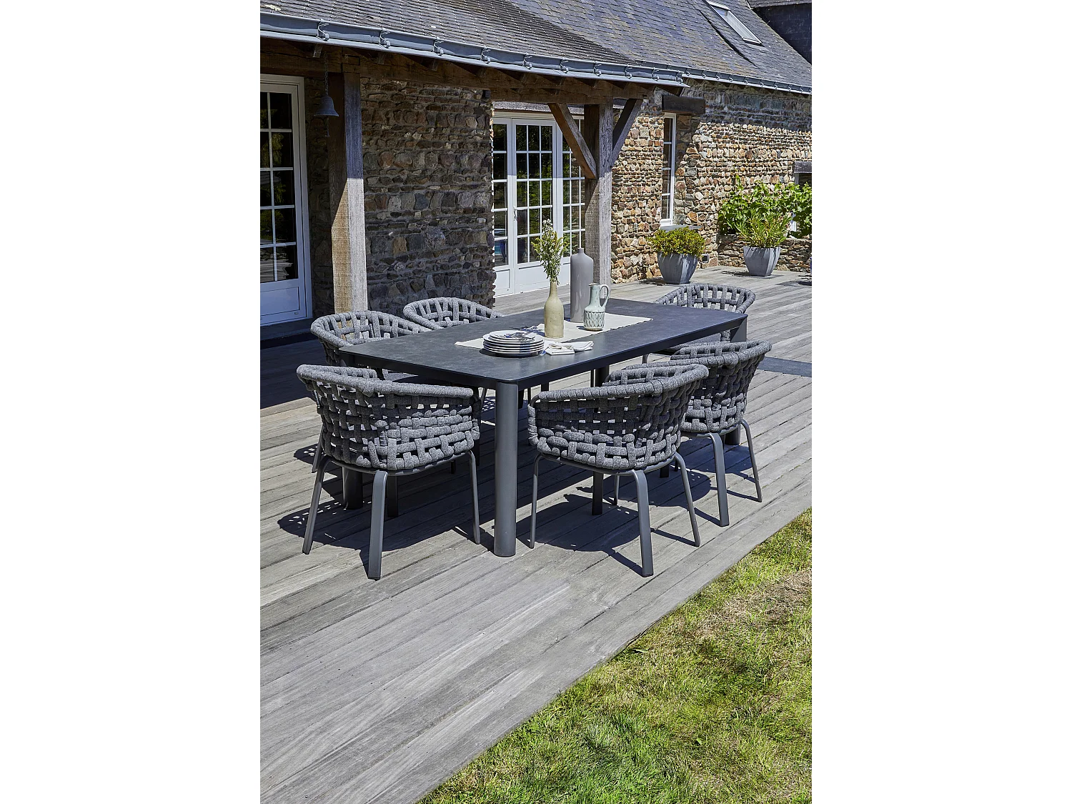 Ensemble repas de jardin 6 pl en alu plateau céramique sur verre