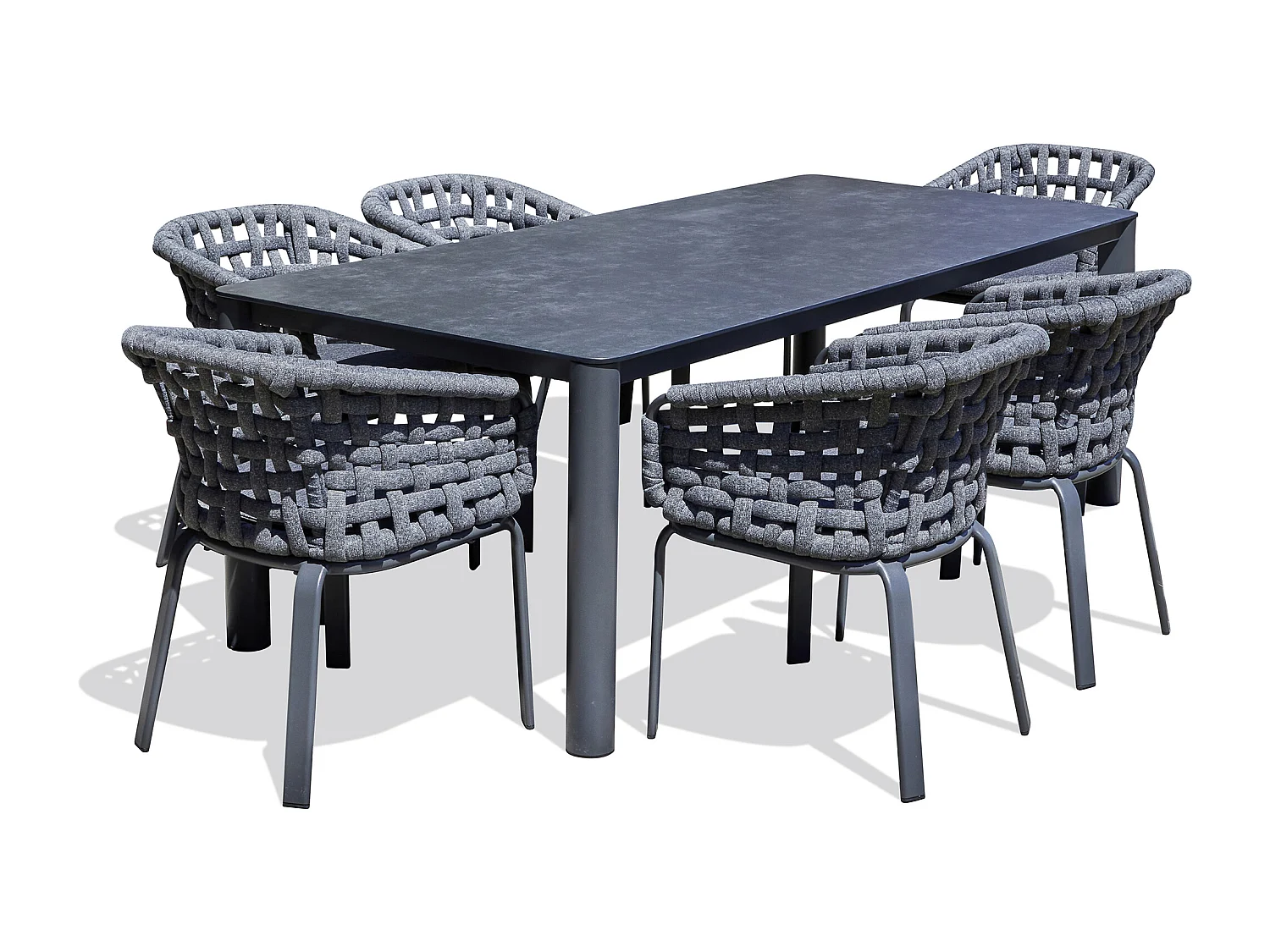 Ensemble repas de jardin 6 pl en alu plateau céramique sur verre
