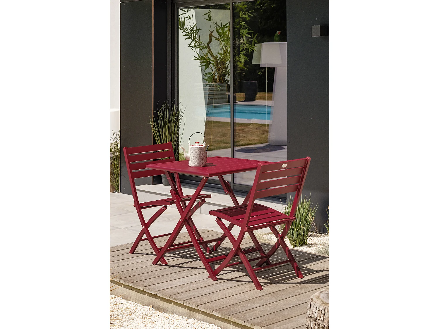 Ensemble repas de jardin 2 places en aluminium rouge carmin