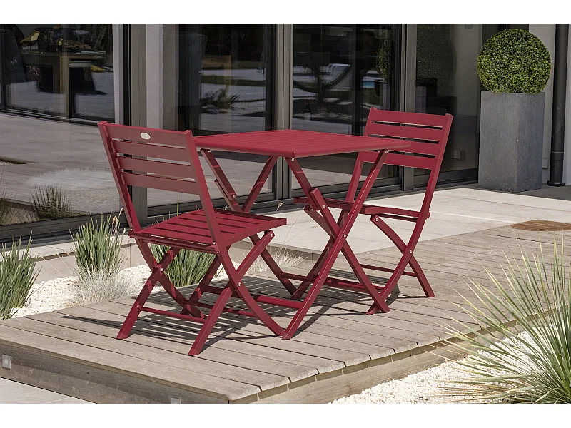Ensemble repas de jardin 2 places en aluminium rouge carmin