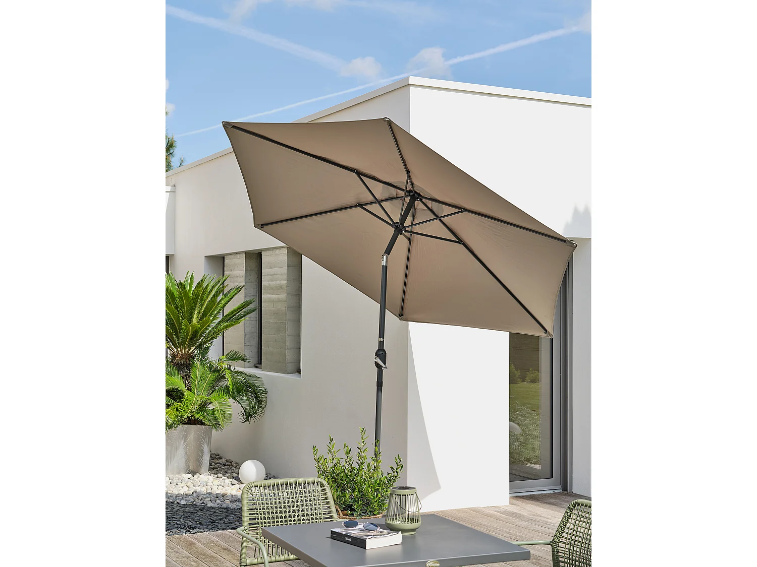 Sonnenschirm mit Handkurbel, Aluminium, Stoff Khaki