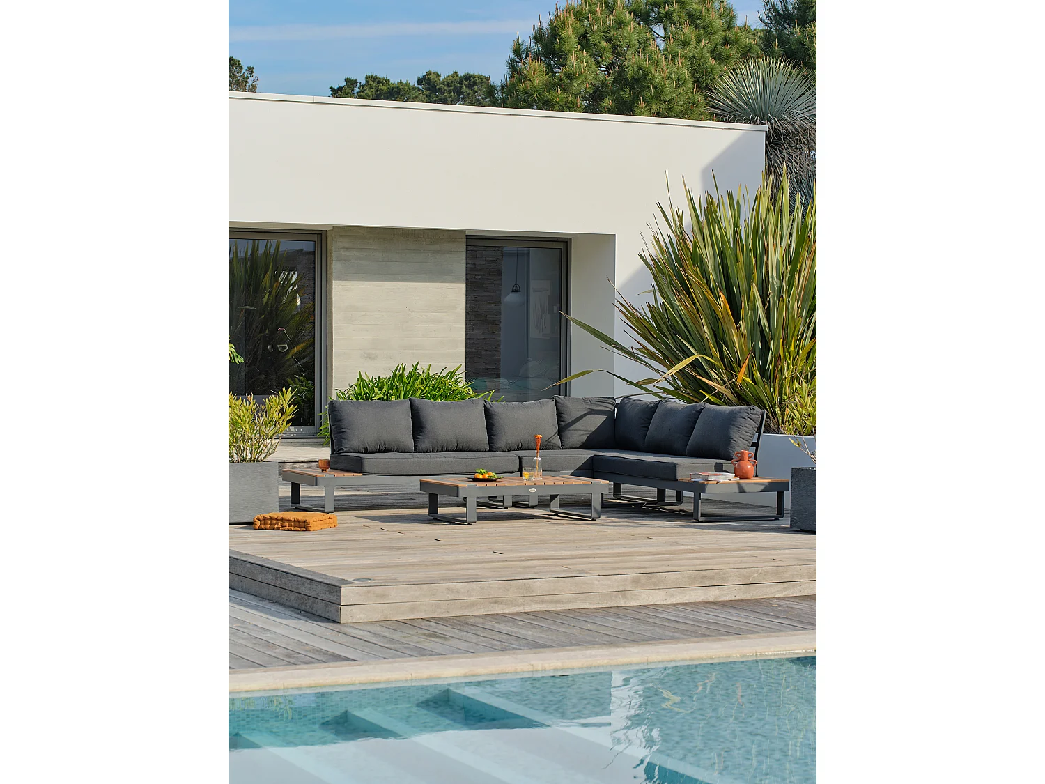 Salon de jardin d'angle 6 places en teck et aluminium  - ALICANTE