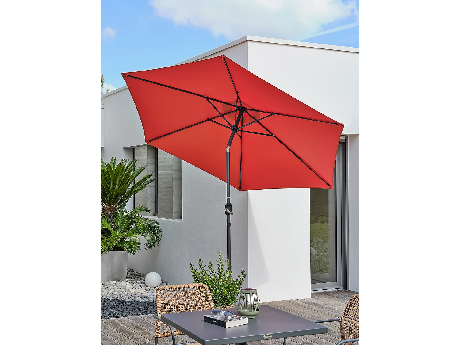 Sonnenschirm mit Handkurbel, Aluminium, Stoff Terrakotta