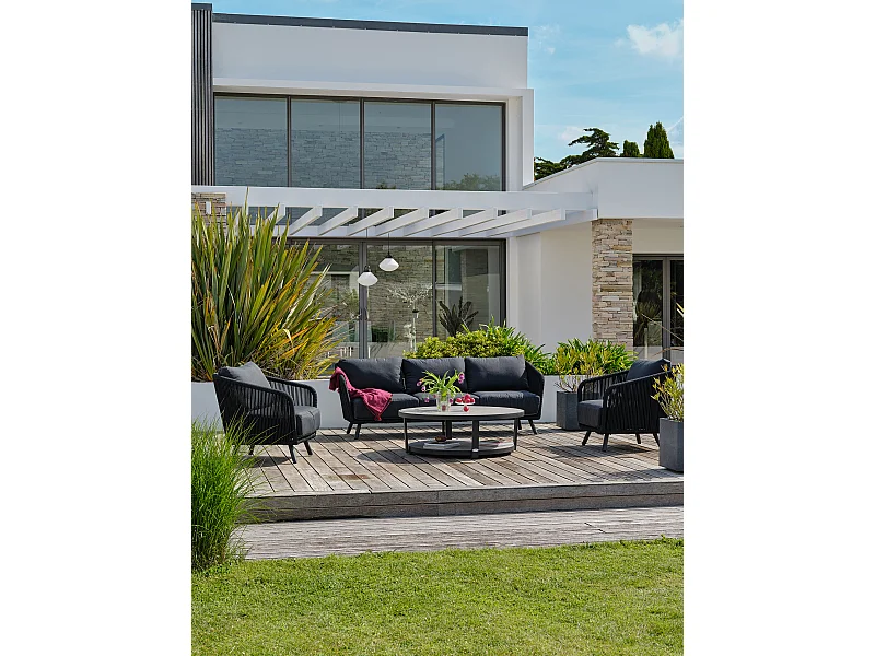 Salon bas de jardin 5 places en aluminium et corde tissée