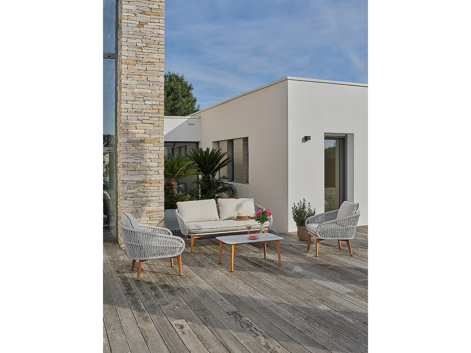 Conjunto de espreguiçadeiras de jardim de 5 lugares em alumínio com efeito madeira e corda entrançada