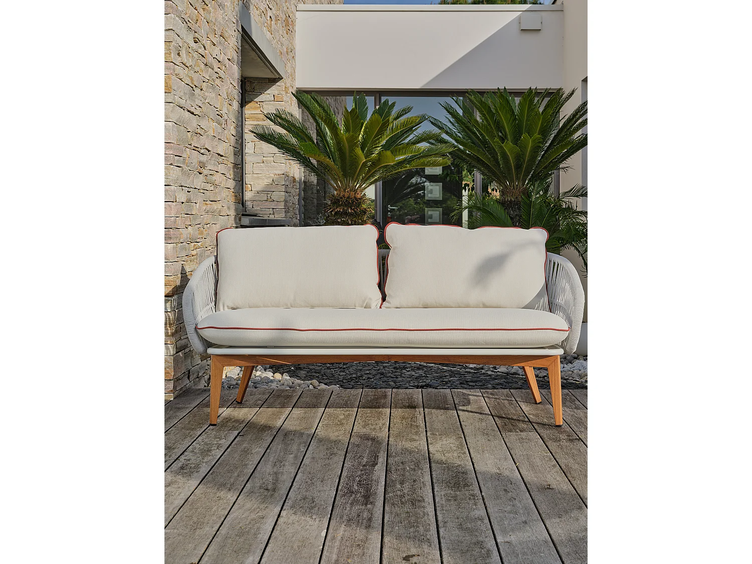 Lage tuinloungeset 5 pl in aluminium houtimitatie en gevlochten touw - CUZCO