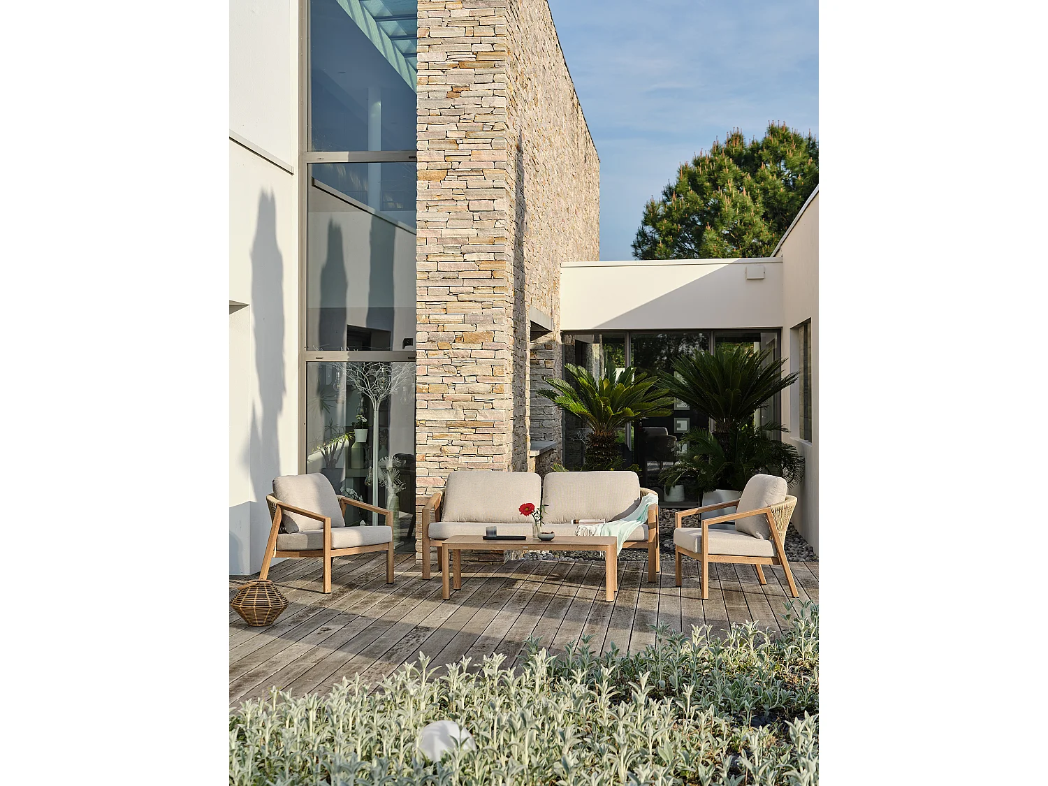 Salon bas de jardin 5 pl en aluminium imitation bois, coussins - GOYA