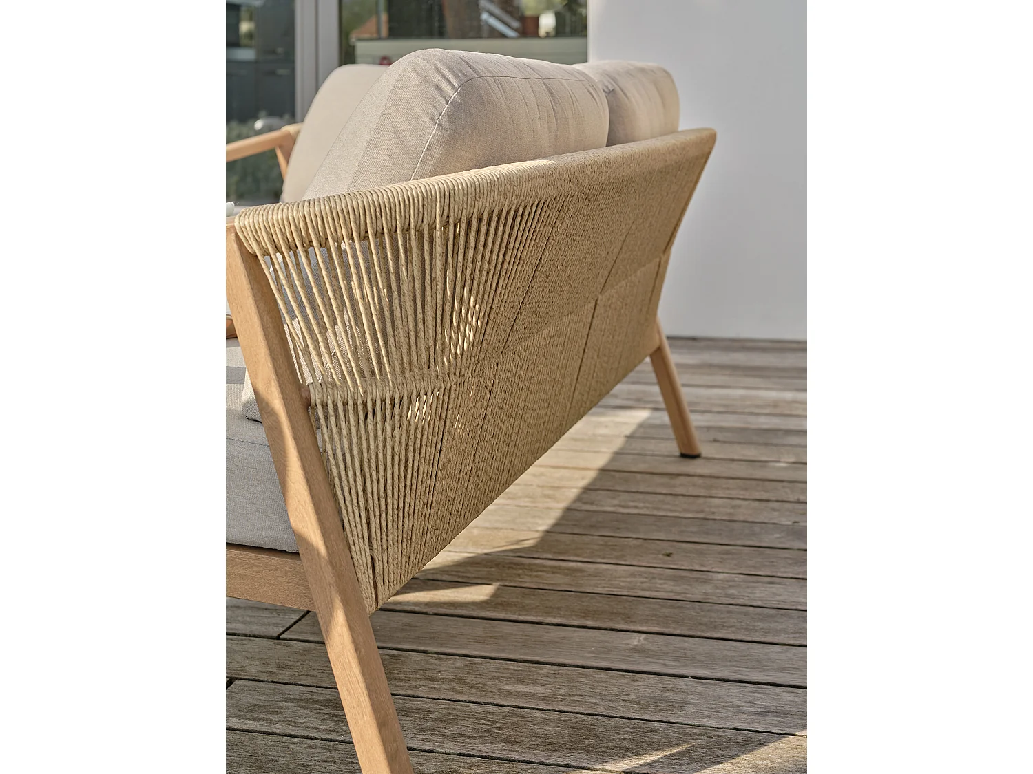 Salon bas de jardin 5 pl en aluminium imitation bois, coussins - GOYA