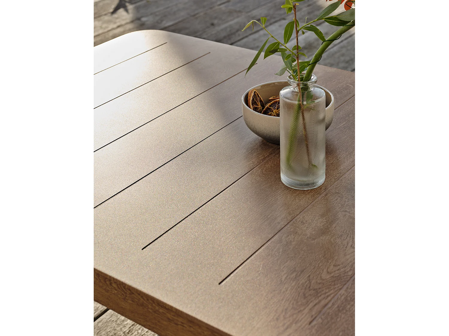 Salon bas de jardin 5 pl en aluminium imitation bois, coussins - GOYA