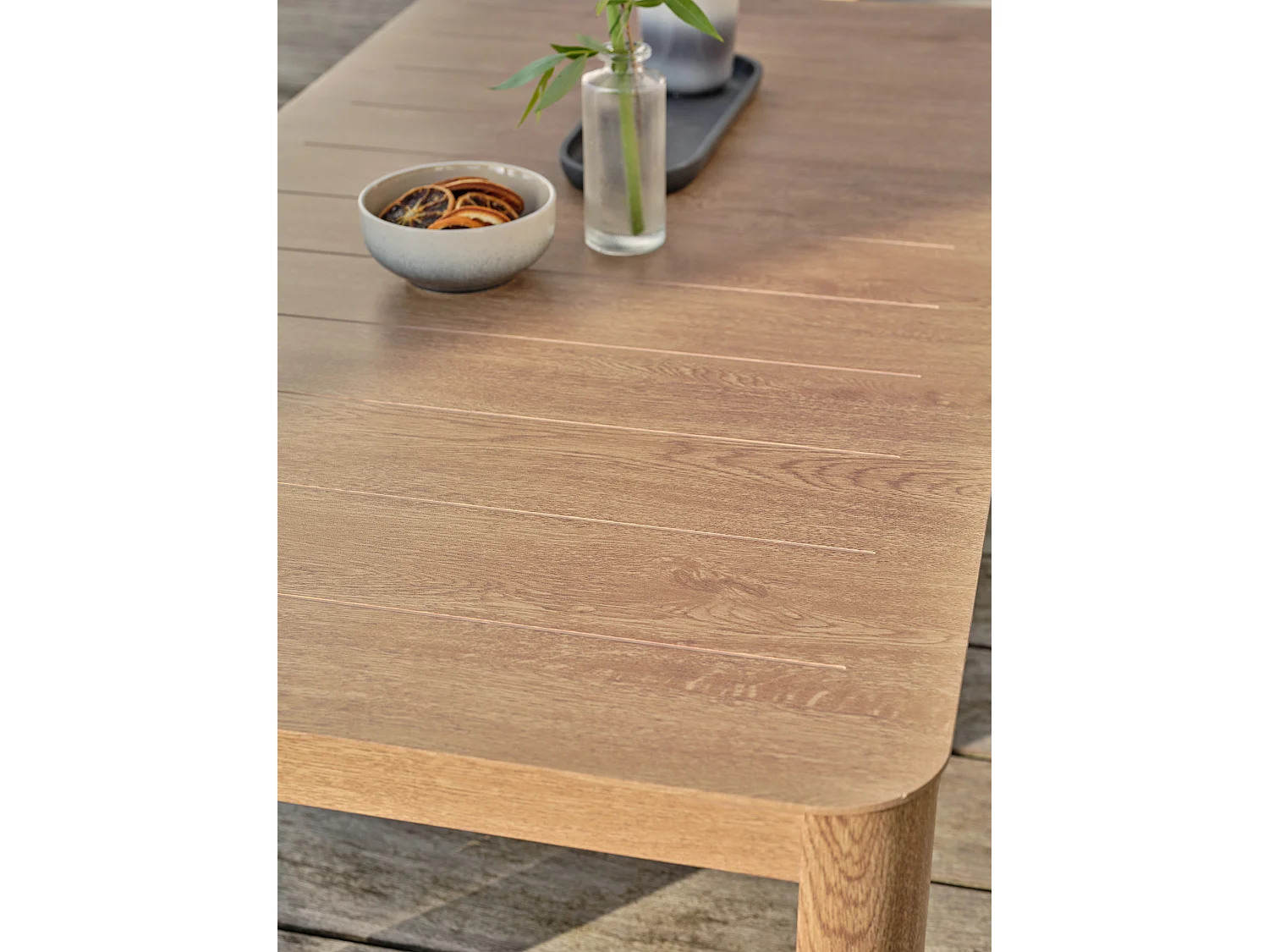 Salon bas de jardin 5 pl en aluminium imitation bois, coussins - GOYA