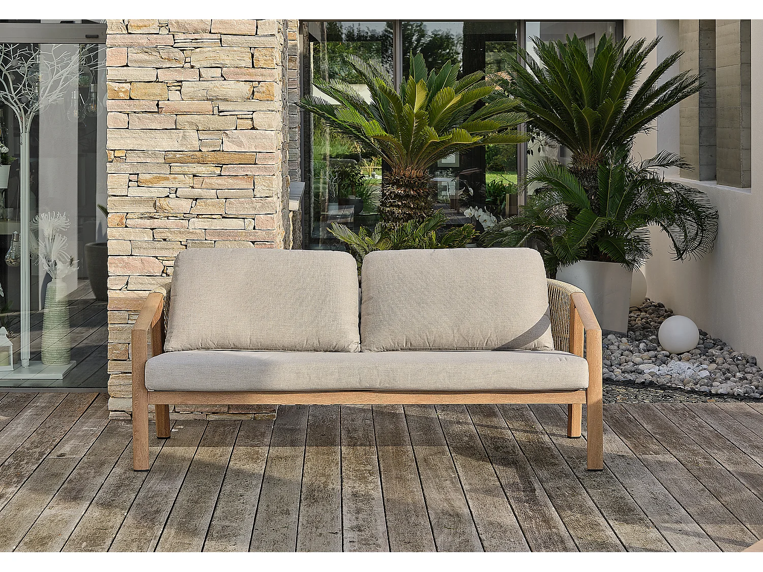 Lage tuinloungeset 5 pl in aluminium houtimitatie, kussens - GOYA