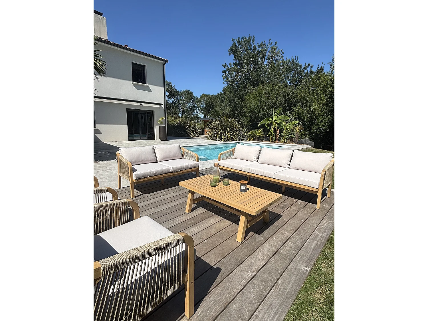 7-Sitzer-Gartenmöbel niedrig aus Akazienholz und gewebtem Seil