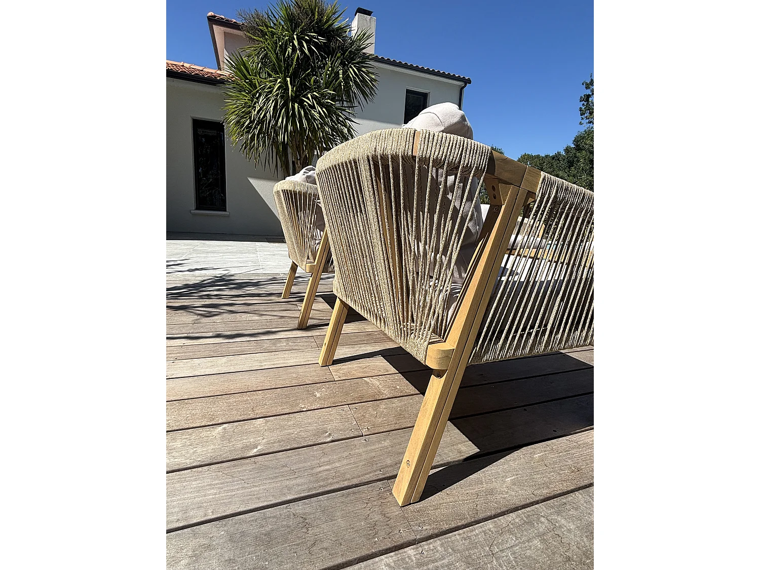 7-Sitzer-Gartenmöbel niedrig aus Akazienholz und gewebtem Seil