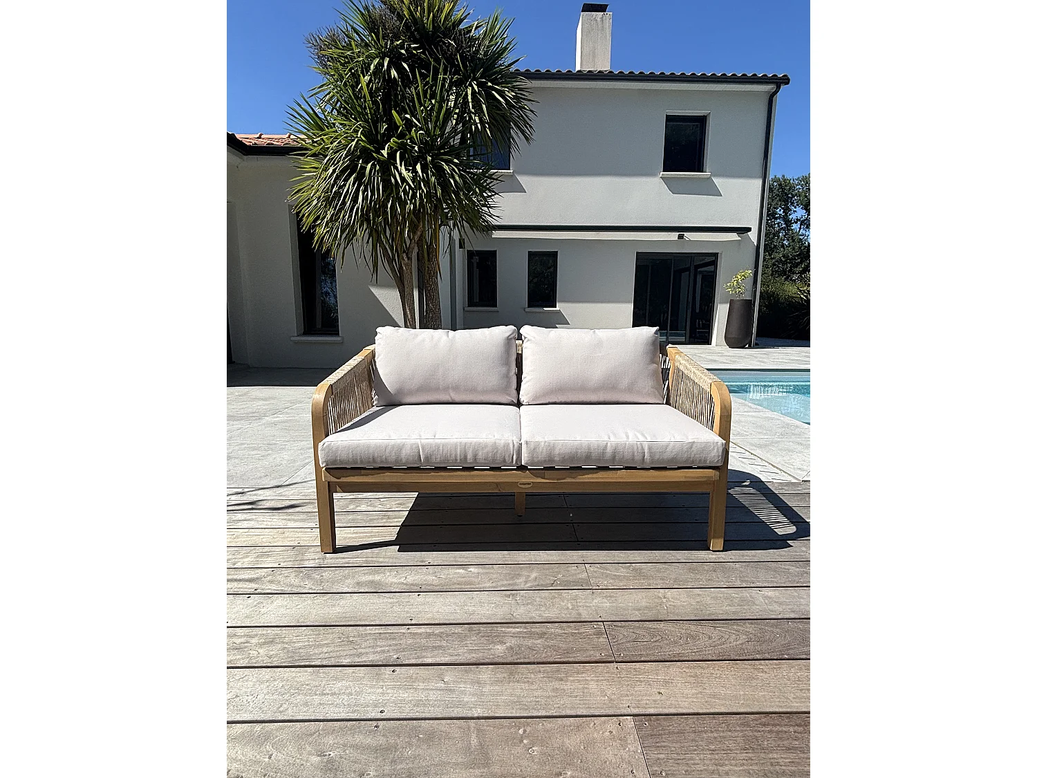 7-Sitzer-Gartenmöbel niedrig aus Akazienholz und gewebtem Seil