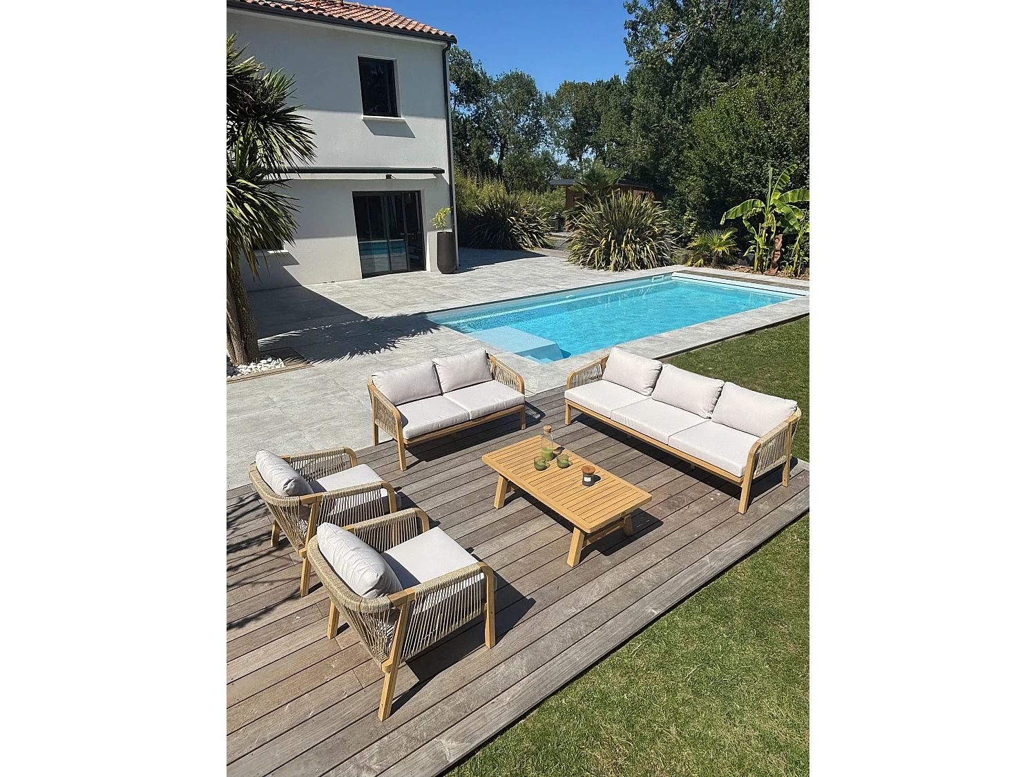 Salon bas de jardin 7 places en bois d'acacia et corde tissée  - SERENA