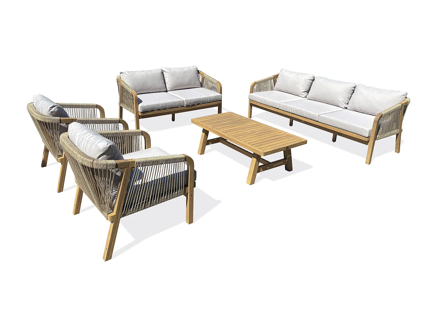 Salon bas de jardin 7 places en bois d'acacia et corde tissée  - SERENA