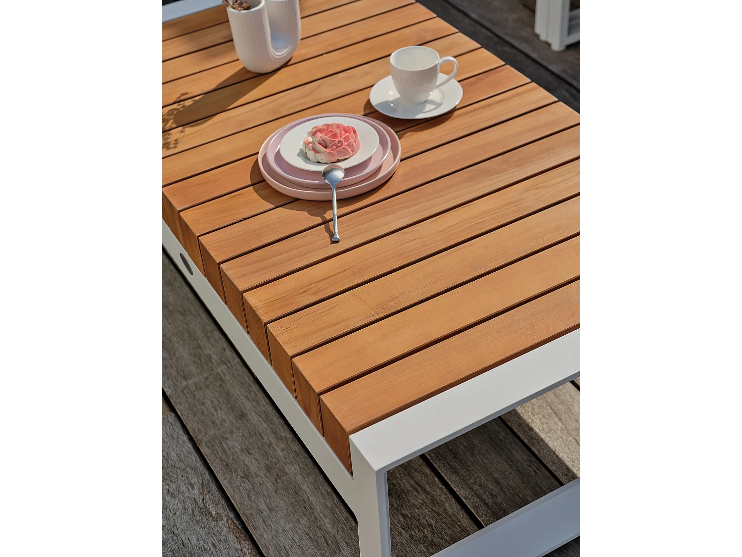 Salon de jardin d'angle 6 places en teck et aluminium - VALENCIA