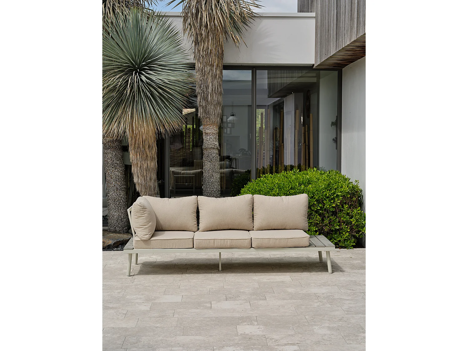Salon de jardin d'angle 5 pl en alu et alu aspect boisé - OSAKA