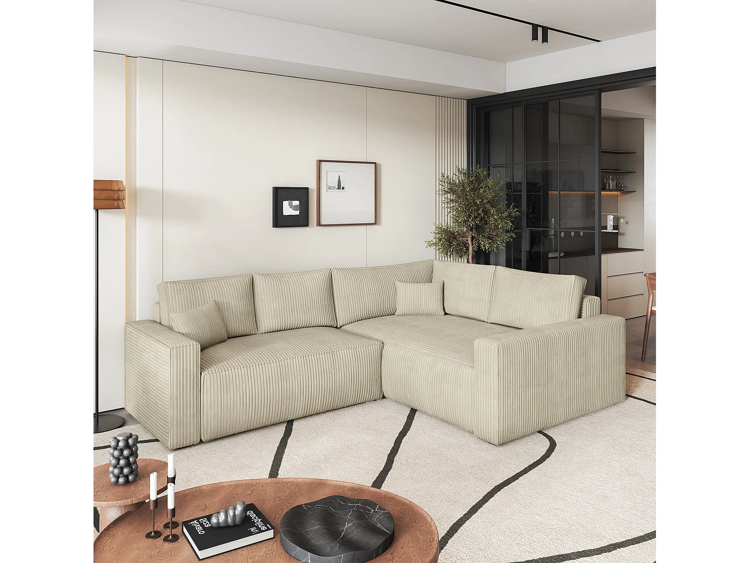 Hoekbank ERONIS van fluweel met slaapfunctie Creme