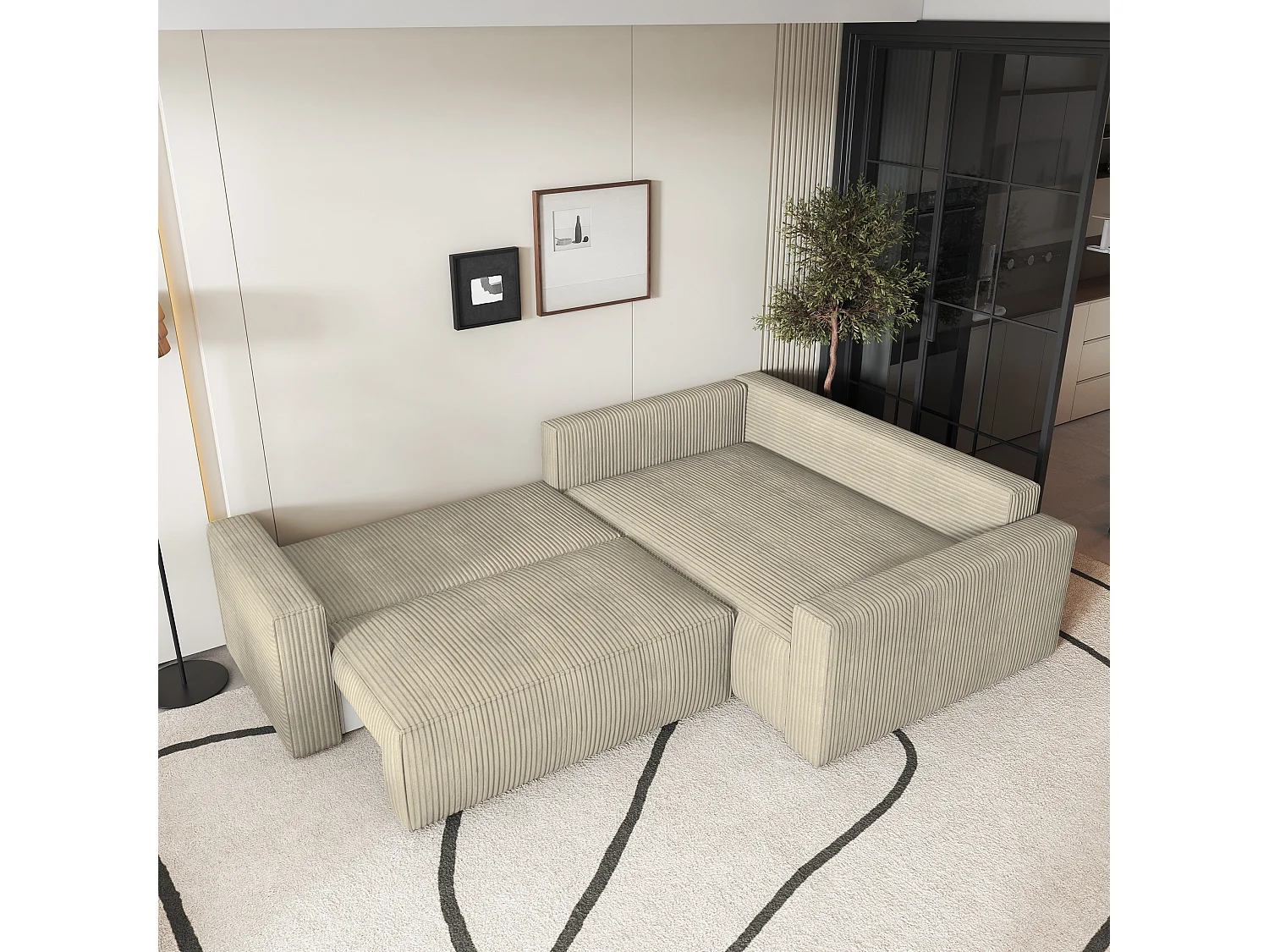 Hoekbank ERONIS van fluweel met slaapfunctie Creme