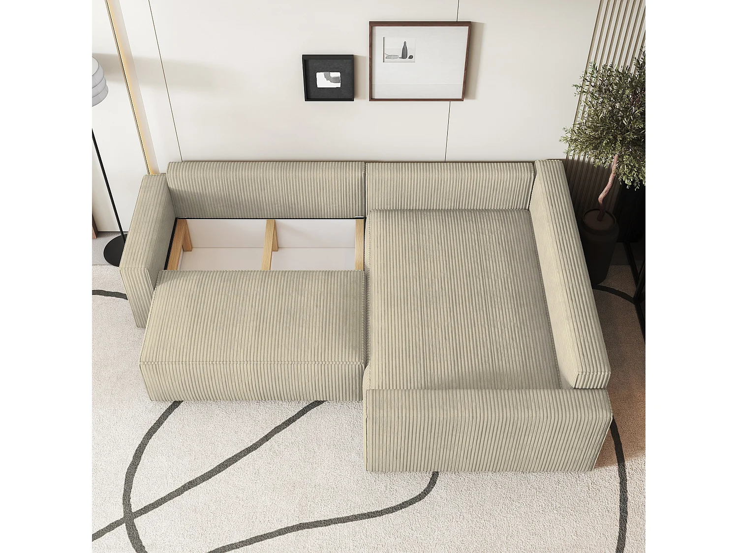 Canapé D'angle Eronis Crème En Velours Côtelé Avec Fonction De Couchage