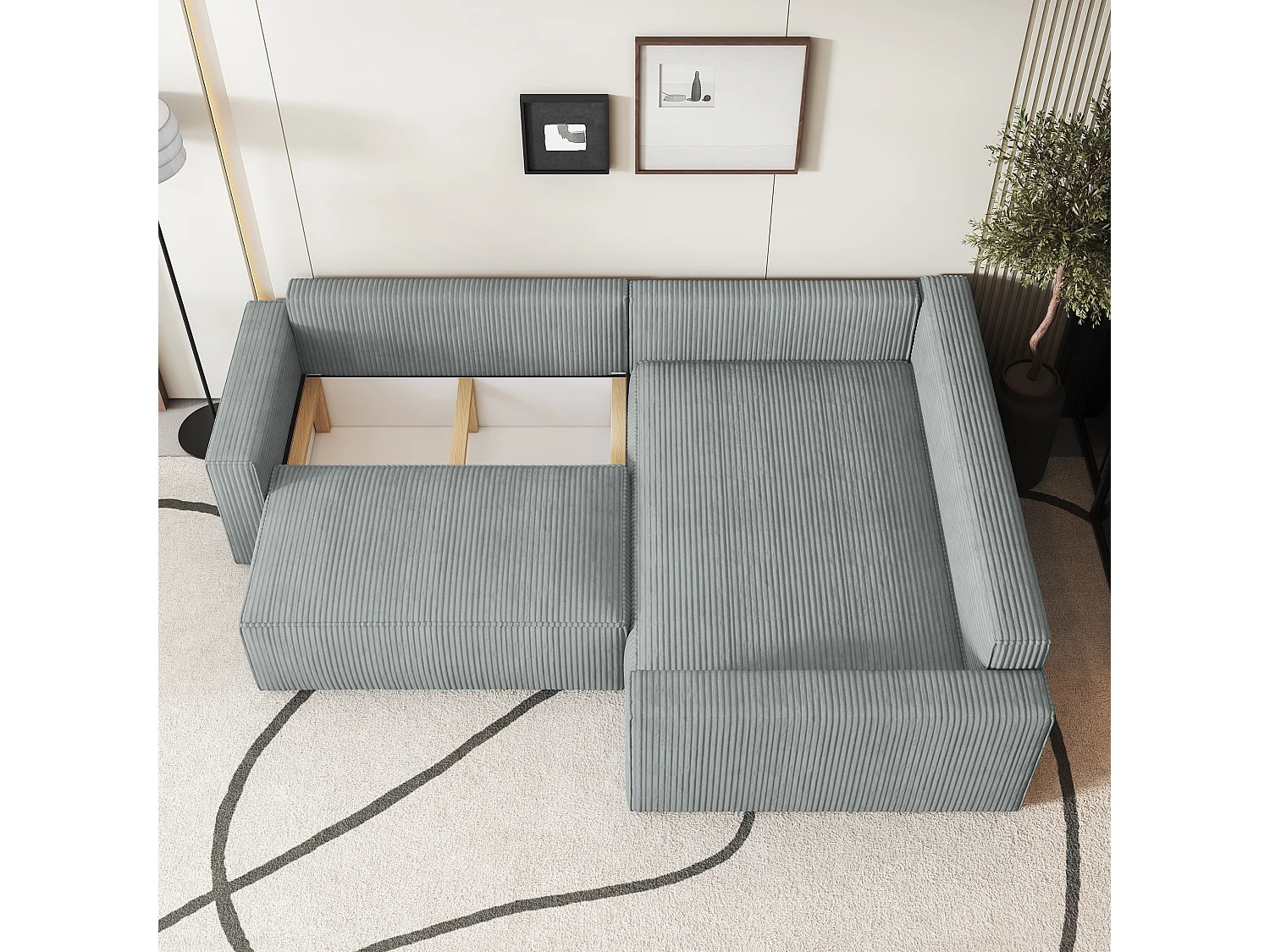 Hoekbank ERONIS van fluweel met slaapfunctie Hellgrau
