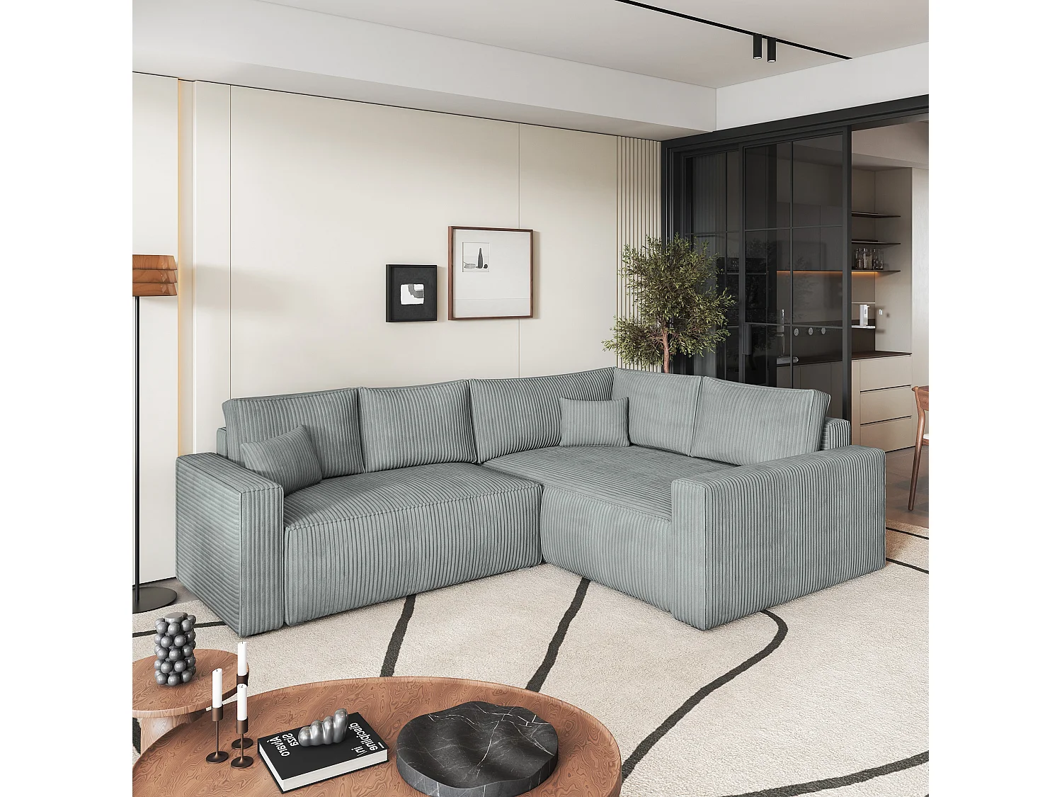 Canapé D'angle Eronis Gris Clair En Velours Côtelé Avec Fonction De Couchage