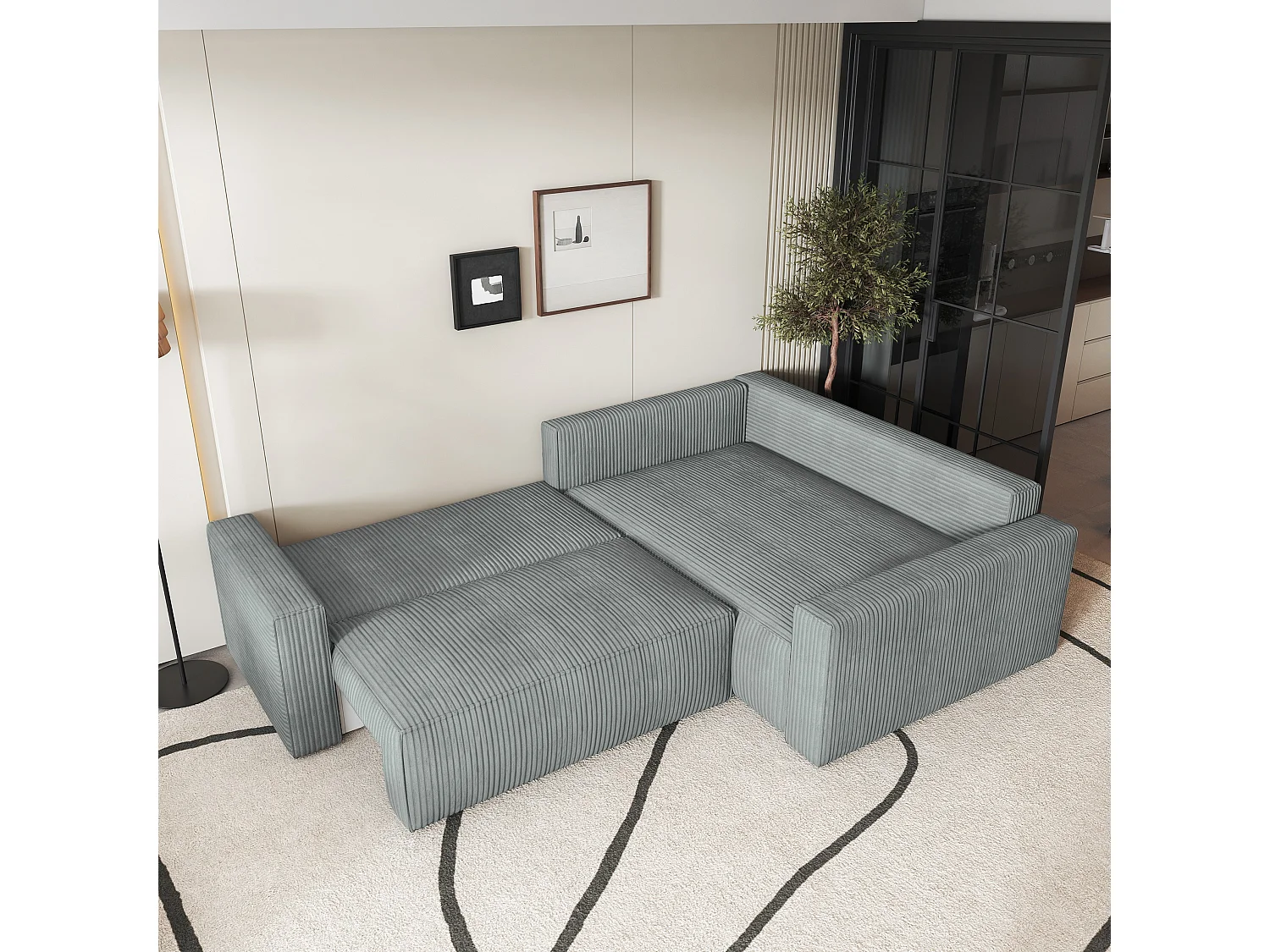 Canapé D'angle Eronis Gris Clair En Velours Côtelé Avec Fonction De Couchage