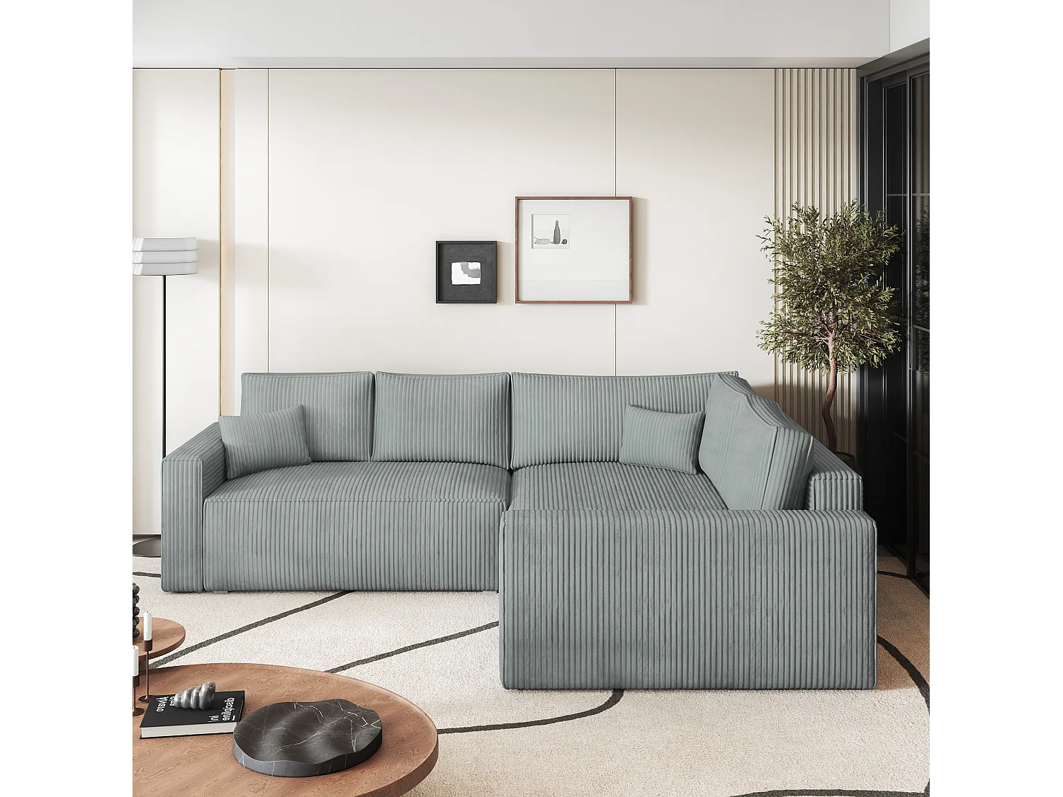 Canapé D'angle Eronis Gris Clair En Velours Côtelé Avec Fonction De Couchage