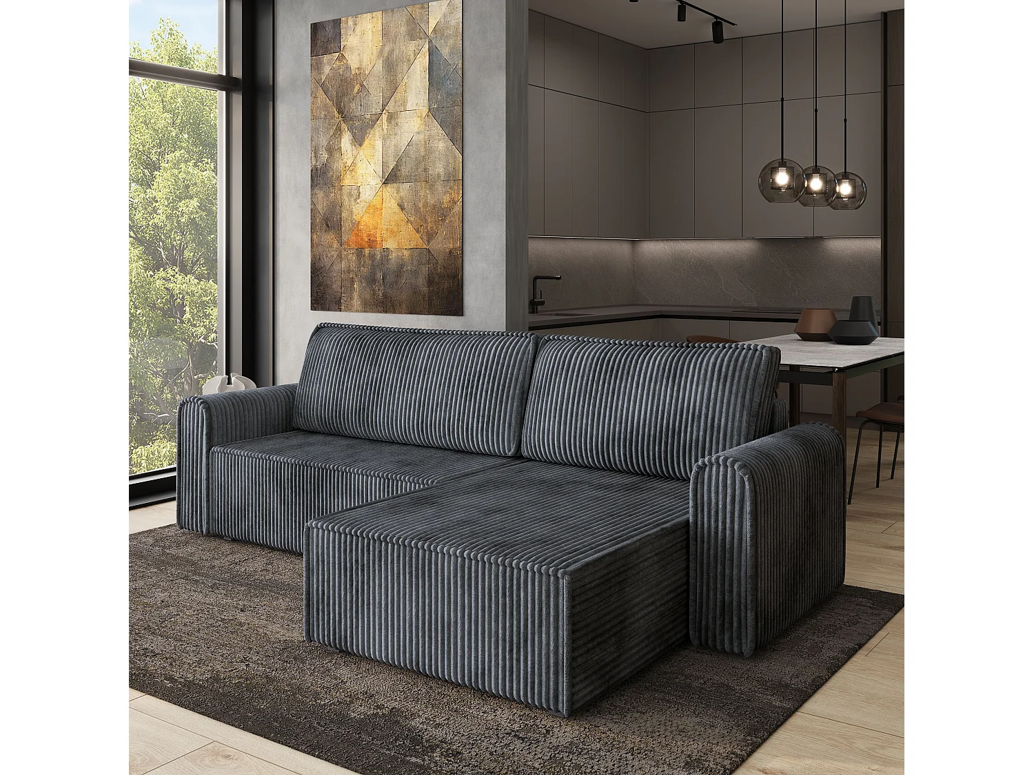 Hoekbank VALTINO van fluweel met slaapfunctie Grau