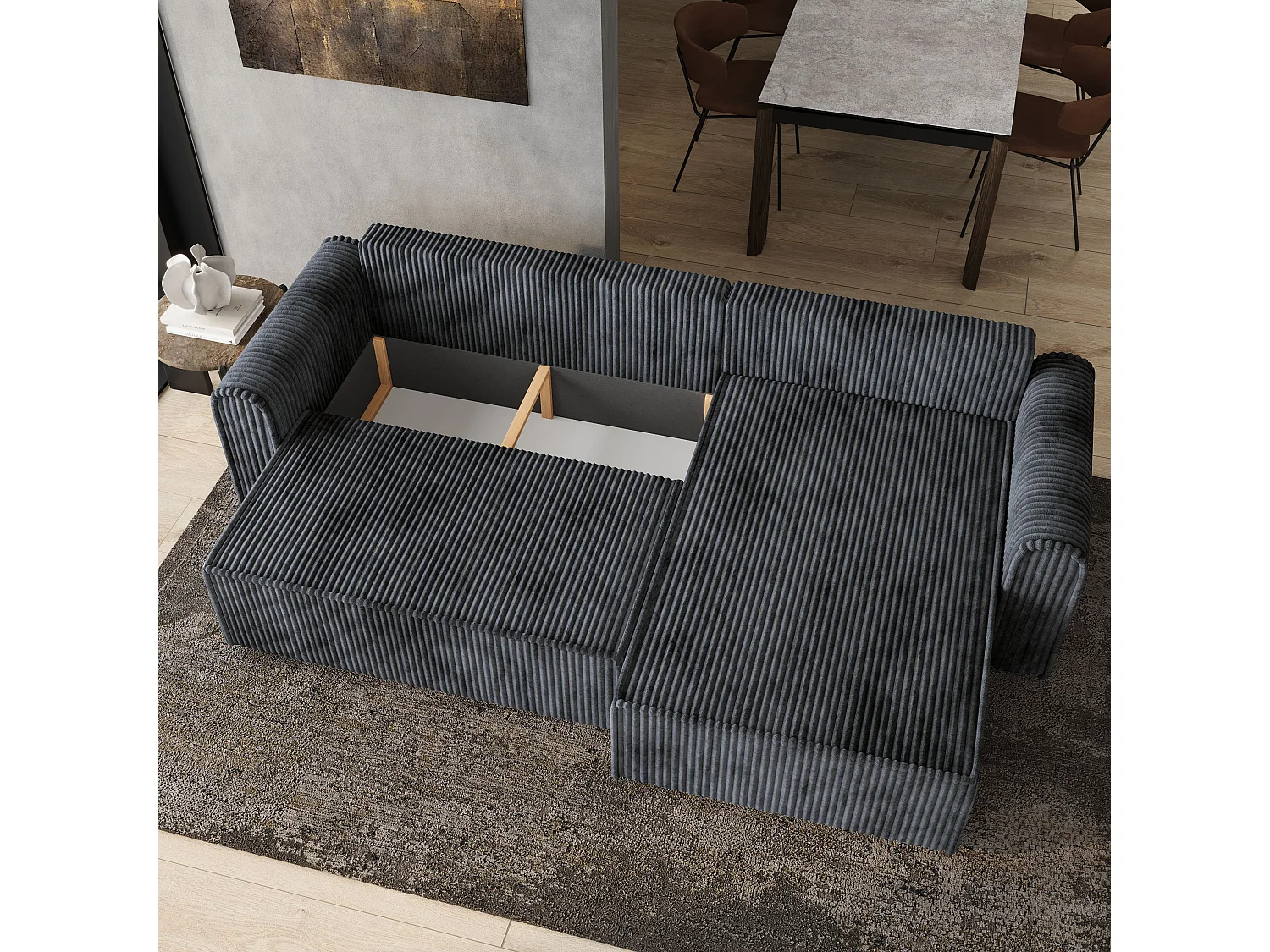 Hoekbank VALTINO van fluweel met slaapfunctie Grau