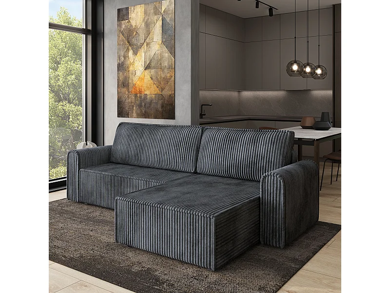 Canapé d'angle VALTINO Gris en velours côtelé avec fonction de couchage