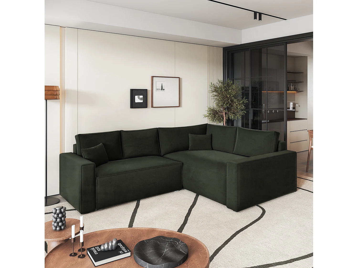 Canapé D'angle Eronis Noir En Velours Avec Fonction De Couchage