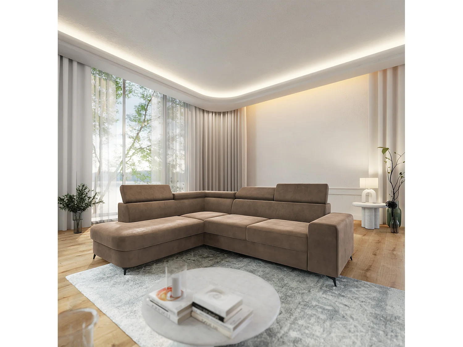 Hoekbank ALVORO van fluweel met slaapfunctie Beige