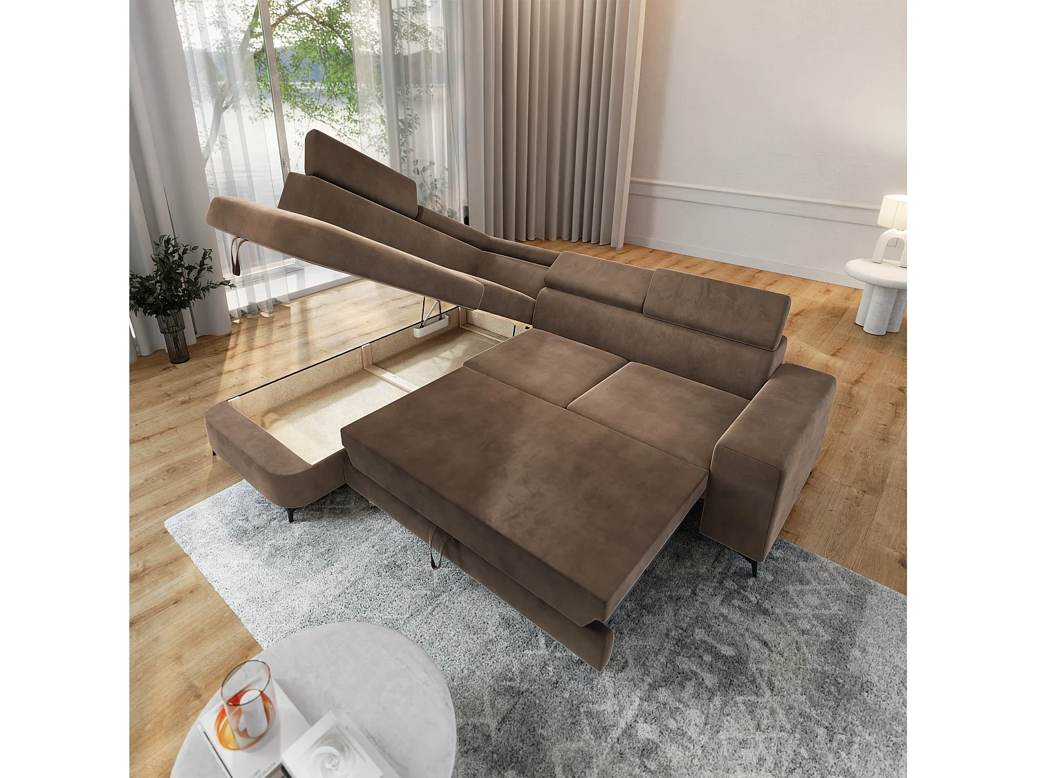 Hoekbank ALVORO van fluweel met slaapfunctie Beige